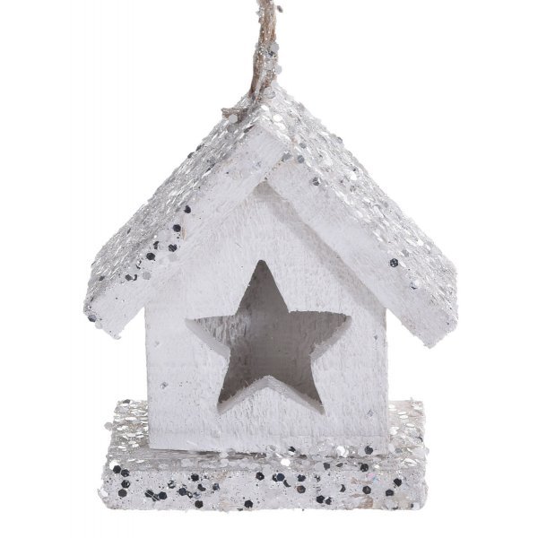 Χριστουγεννιάτικο Κρεμαστό Ξύλινο Σπιτάκι Λευκό, με Αστεράκι (10cm)